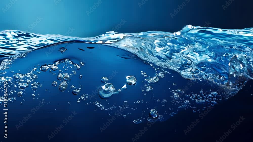 A vibrant underwater scene showing a wave crest with sparkling air bubbles rising in clear, blue water under natural light, 4k video
