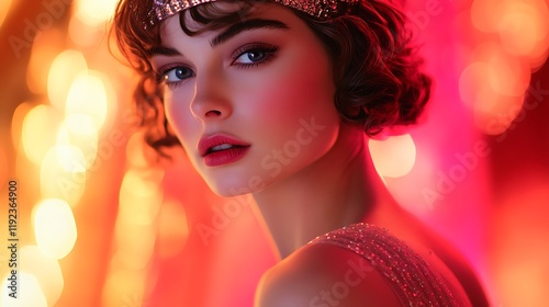 A captivating art deco portrait immortalizes a glamorous flapper, the epitome of the Jazz Age. Adorned in lavish beaded dresses and shimmering headbands, she exudes the spirit of freedom and  photo