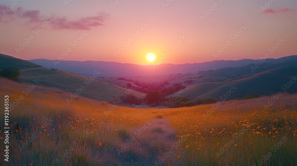 Obraz premium Sunset over rolling hills and wildflowers in a serene valley landscape