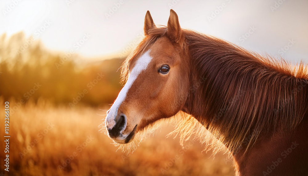 Obraz premium Close up portrait of horse in field. Farm or wild animal. Zoo concept, wildlife. Golden landscape.
