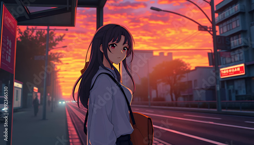 Anime Girl Waiting at a Bus Stop During a Vibrant Sunset in a Ja photo