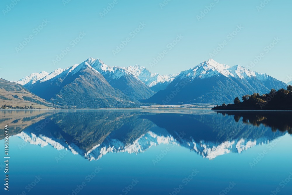 Naklejka premium Majestic mountain reflections in still waters serene lake landscape nature photography tranquil environment wide angle view scenic beauty