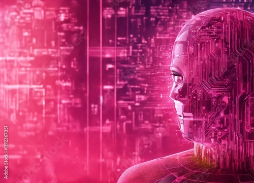 Wallpaper Mural Futuristic humanoid robot with digital circuitry in a glowing pink cyber environment Torontodigital.ca