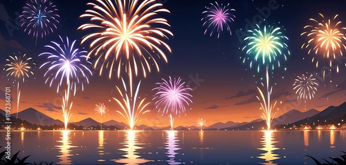 A lot of fireworks display in the sky during a celebration and festival