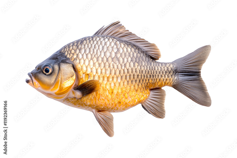 Fototapeta premium Closeup of fresh Crucian carp fish with detailed scales and fins, isolated on white transparent background, concept of aquatic life