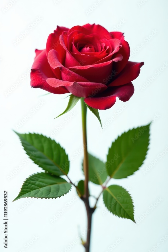 Single red rose with vibrant leaves against pure white backdrop , rose, floral, bloom Single red rose with vibrant leaves against pure white backdrop , rose, floral, bloom