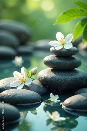 White blossoms, smooth stones, essential oils, tranquil spa setting, peaceful, spa day, calm