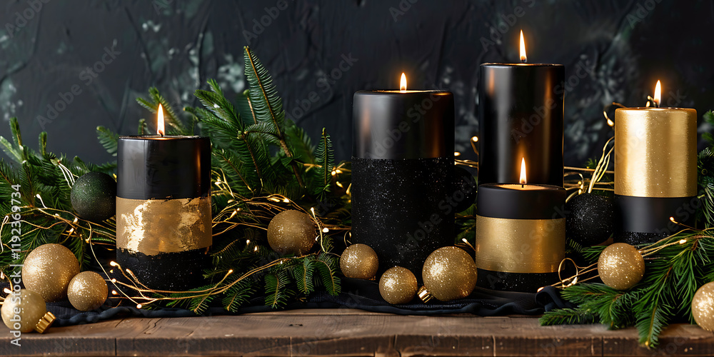 Elegant black and gold candles with pine branches and golden baubles on a dark backdrop. Elegant black and gold candles with pine branches and golden baubles on a dark backdrop.