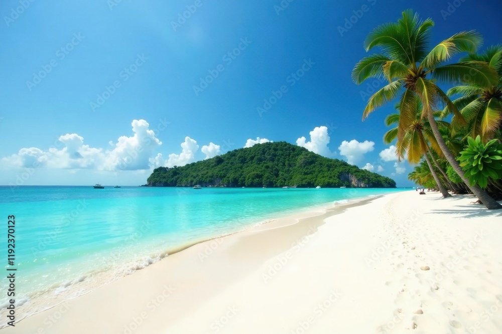 Fototapeta premium White sand beach, turquoise water, lush island backdrop, wave, blue