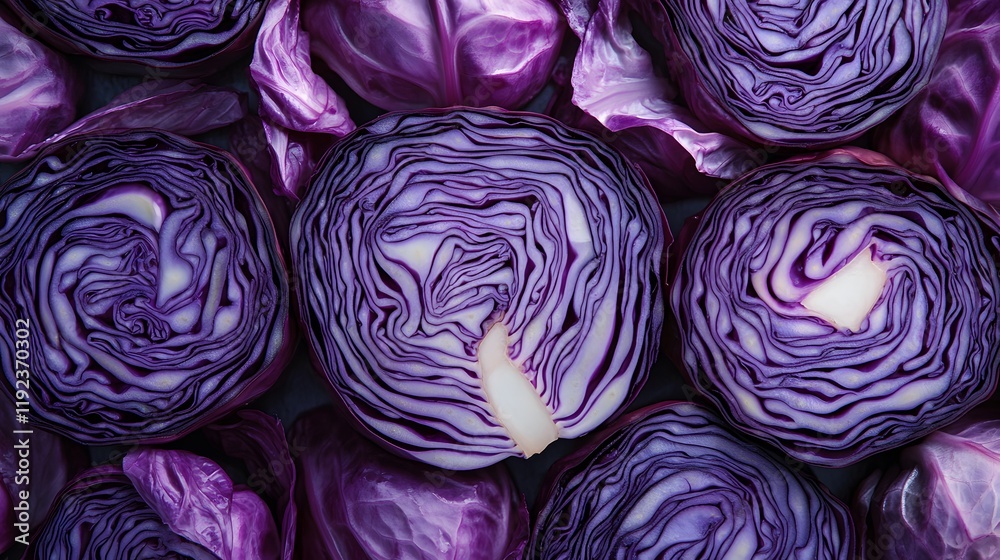 Obraz premium Sliced red cabbage reveals intricate layered texture