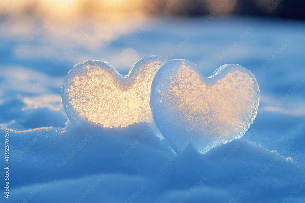 Fototapeta premium Two ice hearts are lying in the snow in the sunlight with a place for the text