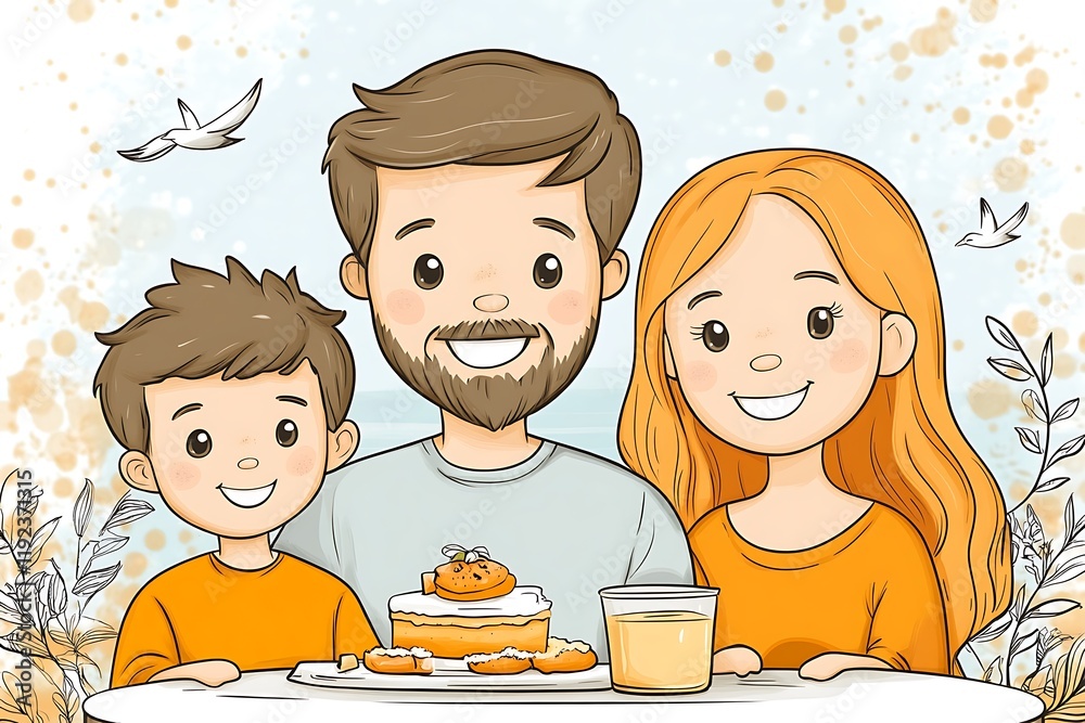 A cheerful cartoon family portrait showcasing parents and son enjoying cake and juice together. A cheerful cartoon family portrait showcasing parents and son enjoying cake and juice together.