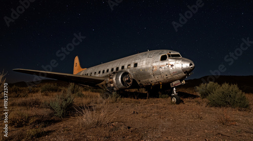 Wallpaper Mural Abandoned airplane in desert at night under starry sky, showcasing nature reclaiming Torontodigital.ca