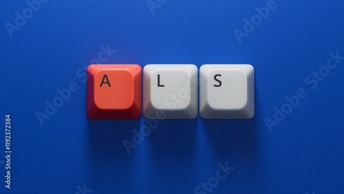 the acronym als for Amyotrophic Lateral Sclerosis concept represented.close up of Computer keyboard keys,Business Concept.3D rendering on blue background.  photo