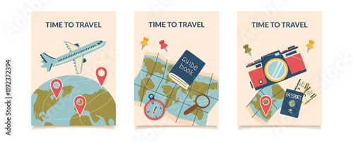 Set of travel posters with travel objects. Concept of travel, summer, vacation, business trip. Vector hand drawn cards in flat style.