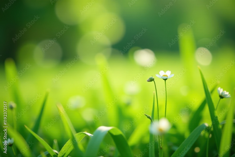 Fototapeta premium Soft green meadow, out-of-focus wildflowers, highlighted grass blade, flora, spring, environment