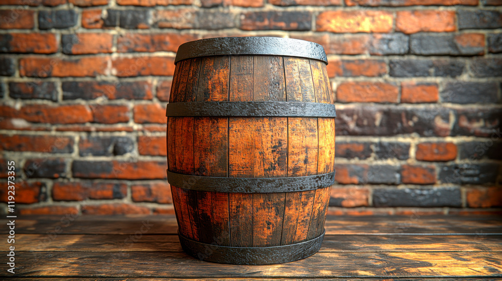 Wooden barrel rests on a rustic wooden table against a red-brick wall, evoking a vintage atmosphere in a cozy space Wooden barrel rests on a rustic wooden table against a red-brick wall, evoking a vintage atmosphere in a cozy space