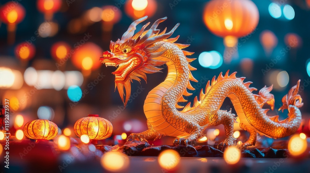 Illuminated Dragon Statue Amidst Festive Lanterns