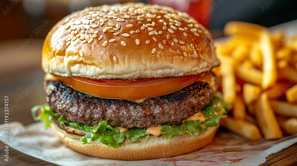 Juicy hamburger with fresh lettuce and tomato served with crispy fries Juicy hamburger with fresh lettuce and tomato served with crispy fries