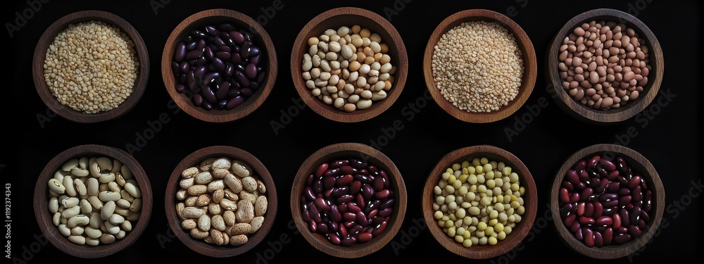 Diverse assortment of beans, legumes, and grains displayed in wooden bowls against a black background for minimalist food product advertising