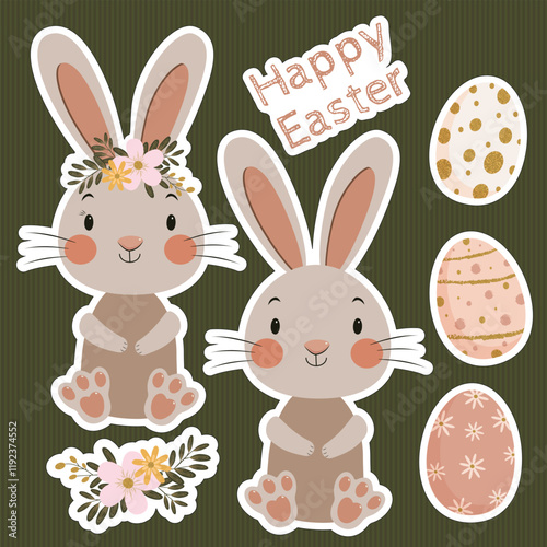 Set of vector stickers Happy Easter, cute bunny, painted eggs
