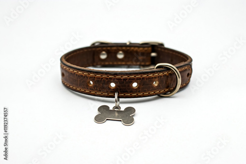 Classic Leather Dog Collar with Bone-Shaped Tag for Pets. Durable brown leather dog collar with stylish stitched design and metal bone tag. photo