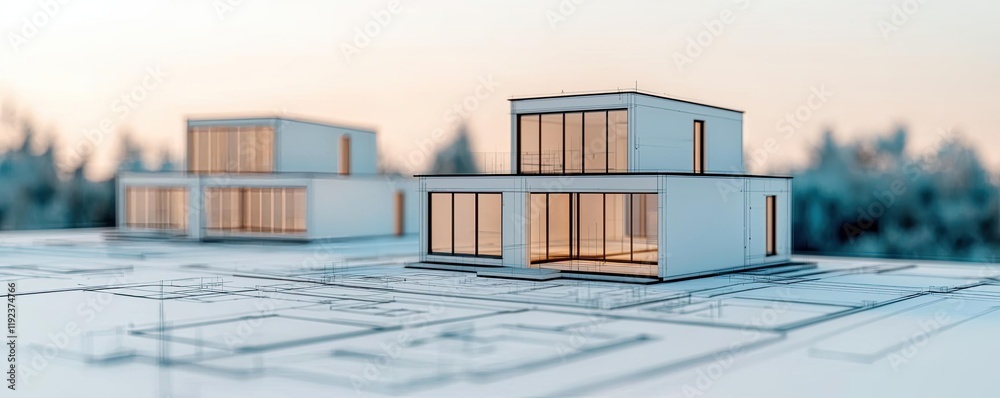 Architect blueprint concept. Modern architectural model showcasing minimalist design with large windows. Architect blueprint concept. Modern architectural model showcasing minimalist design with large windows.