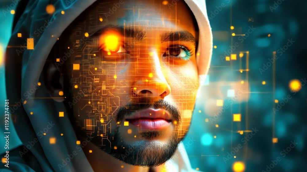 Futuristic technology interface overlays on focused individual in virtual environment Futuristic technology interface overlays on focused individual in virtual environment