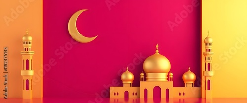 3D Islamic-themed background with crescent moon and minarets in magenta and gold.