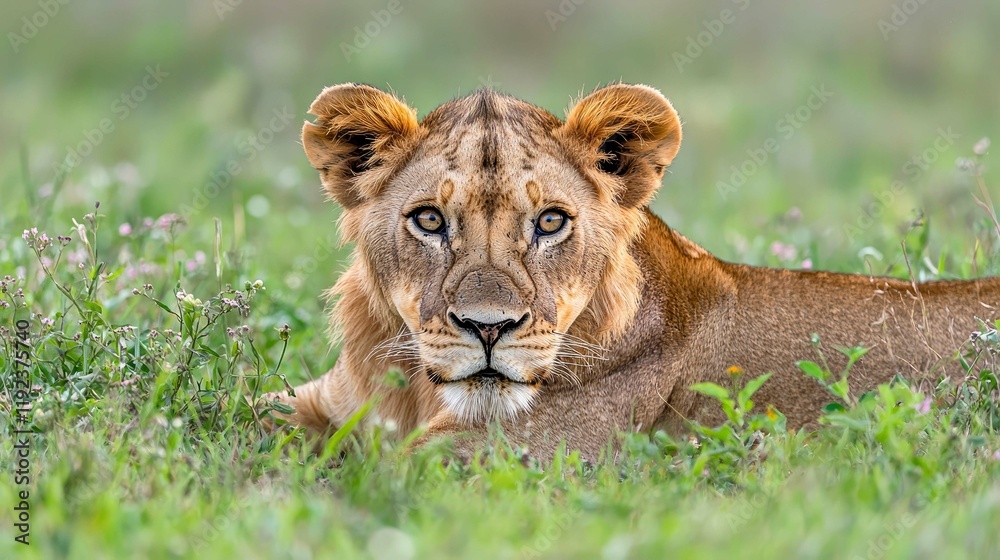 Obraz premium Majestic Lion Cub in African Savanna: A Stunning Wildlife Portrait