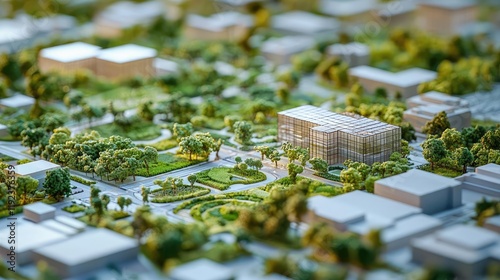 Architect blueprint concept. A detailed model of urban development showcasing greenery and buildings.