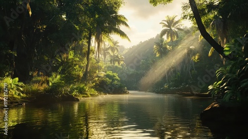 Serene Tropical River at Dawn: A Lush Paradise photo