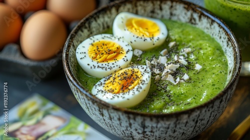 Health breakfast scene with green smoothie eggs fitness magazine