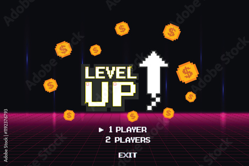 LEVEL UP. 1 player. pixel art .8 bit game. retro game. for game assets in vector illustrations.