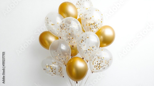 Wallpaper Mural A vibrant bouquet of confetti-filled clear balloons and metallic gold balloons appears to burst dramatically against a white background, showcasing motion blur and sharp detail Torontodigital.ca