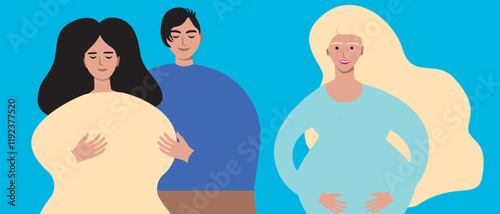 Couple with surrogate pregnant woman as family planning and in vitro fertilization concept, flat vector stock illustration with IVF