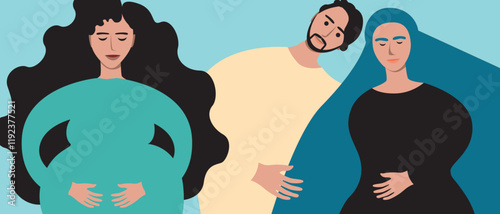 Couple with surrogate pregnant woman as in vitro fertilization concept, flat vector stock illustration as IVF concept