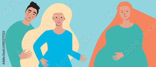 Couple with surrogate pregnant woman as in vitro fertilization concept, flat vector stock illustration with IVF