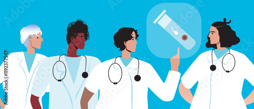 Doctors gynecologists and reproductive specialists with test tube for ivf with sperm and egg, flat vector stock illustration as a concept of fertility assistance