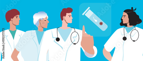 Doctors gynecologists and reproductive specialists with test tube for ivf with sperm and egg, flat vector stock illustration as concept of in vitro fertilization