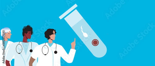 Doctor gynecologist with test tube for ivf with sperm and egg, flat vector stock illustration or copy space with doctor and touchscreen screen with in vitro fertilization