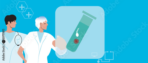 Doctor with IVF test tube, flat vector stock illustration or copy space template and touchscreen touchscreen with in vitro fertilization, medical care