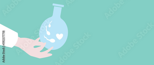 Reproductologist's hand with IVF test tube, flat vector stock illustration or copy space template with egg and sperm