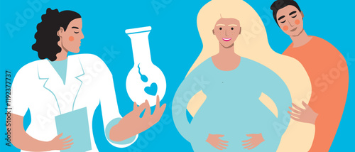Happy couple with pregnant woman, in vitro fertilization assisted pregnancy, flat vector stock illustration, family consultation with doctor for IVF
