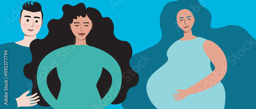 Joyful couple with surrogate pregnant woman as family planning and in vitro fertilization concept, flat vector stock illustration with IVF