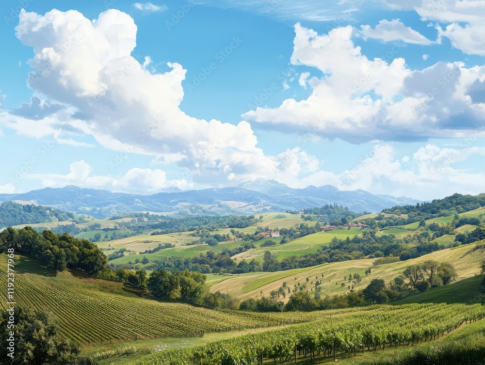 Fototapeta premium Grape harvesting on rolling hills in scenic vineyards landscape photography autumn vibes breathtaking views nature's bounty