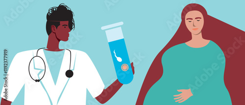 Pregnant woman, in vitro fertilization assisted pregnancy, flat vector stock illustration, consultation with doctor for IVF