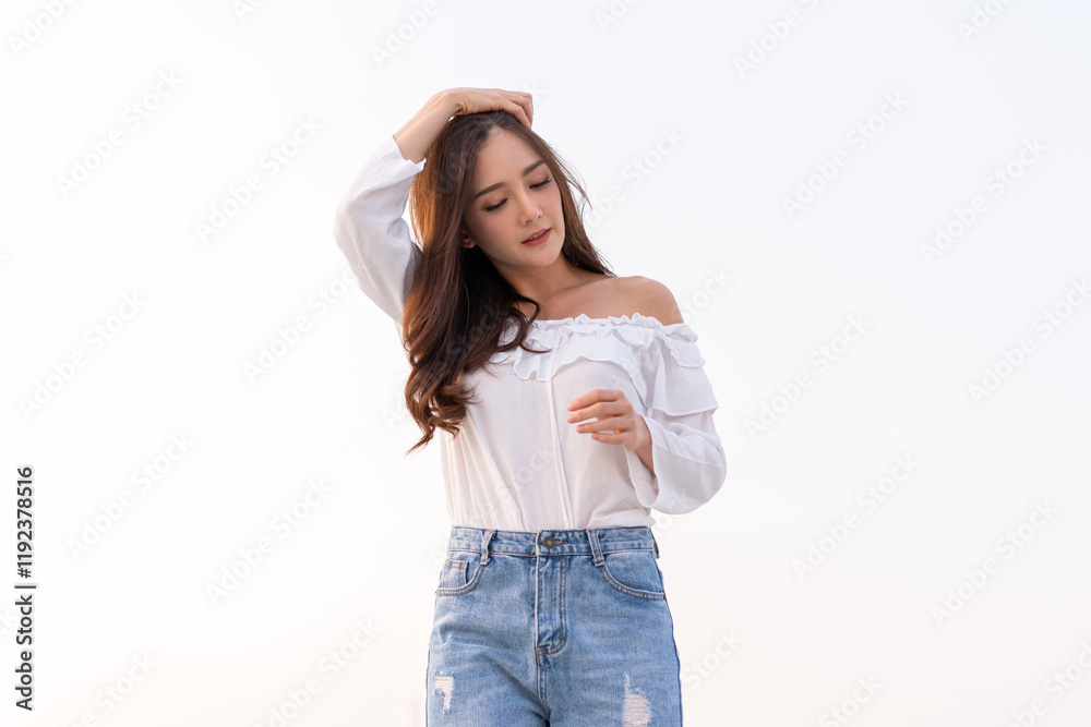Portrait of smiling beautiful pretty asian woman clean fresh healthy white skin posing smile in pajamas white clothes, skincare, lady, model, cosmetic, fashion.Girl relax, enjoy at home.asia beauty Portrait of smiling beautiful pretty asian woman clean fresh healthy white skin posing smile in pajamas white clothes, skincare, lady, model, cosmetic, fashion.Girl relax, enjoy at home.asia beauty