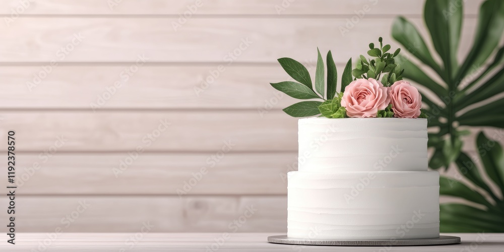Fototapeta premium Elegant two-tiered wedding cake decorated with pink roses and greenery against a white wooden background.