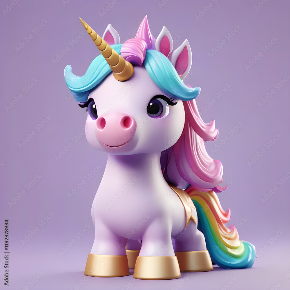Ultra-detailed 3D render of a cheerful unicorn with pastel-colored mane, isolated on a light purple background in 8K Ultra-detailed 3D render of a cheerful unicorn with pastel-colored mane, isolated on a light purple background in 8K